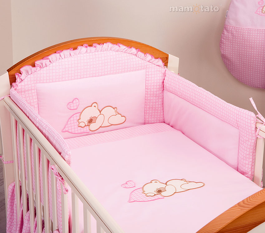 Dětské bavlněné povlečení s výšivkou – Spící medvídek/růžová