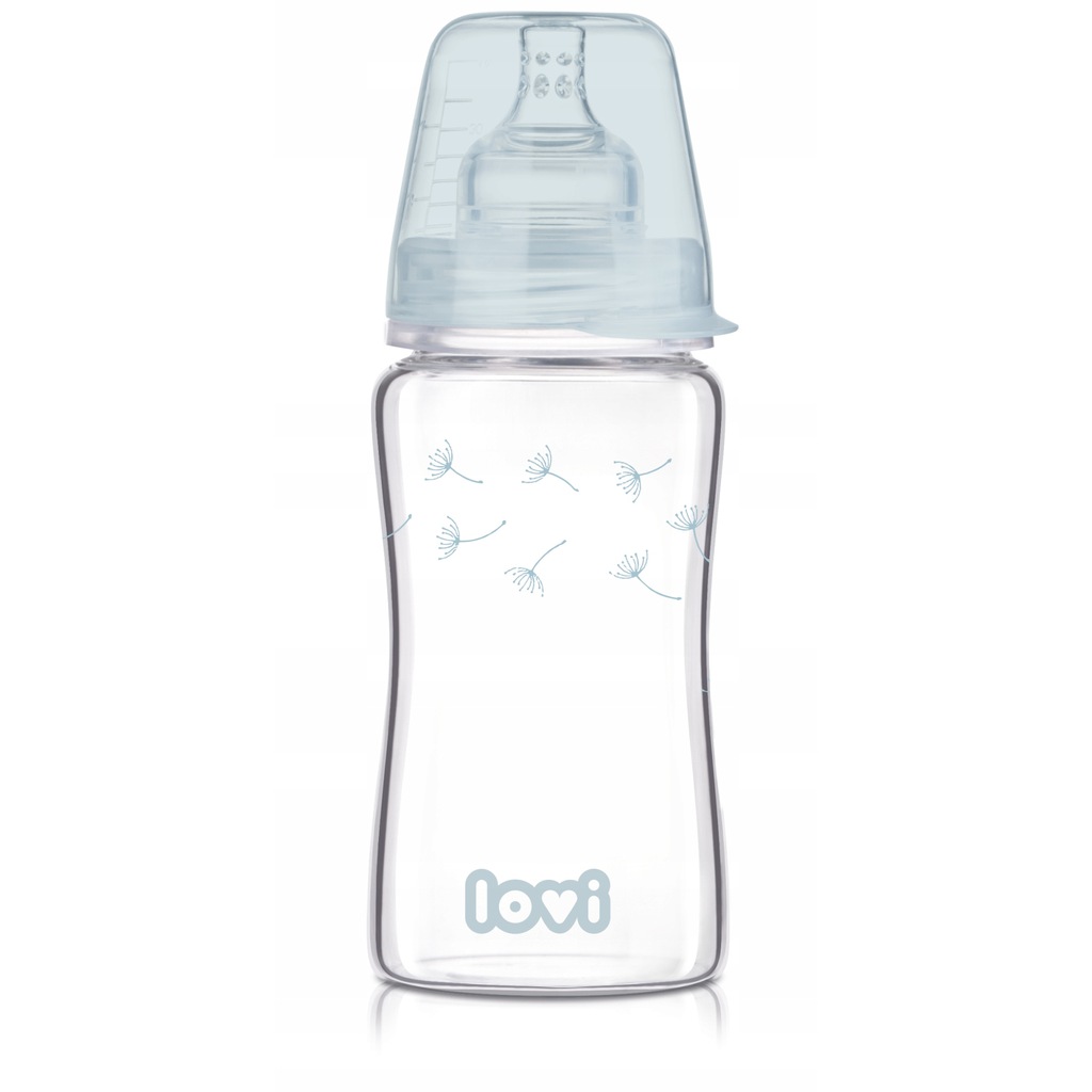 Lovi skleněná kojenecká láhev 250ml – 3m+ – Modrá/pampelišky